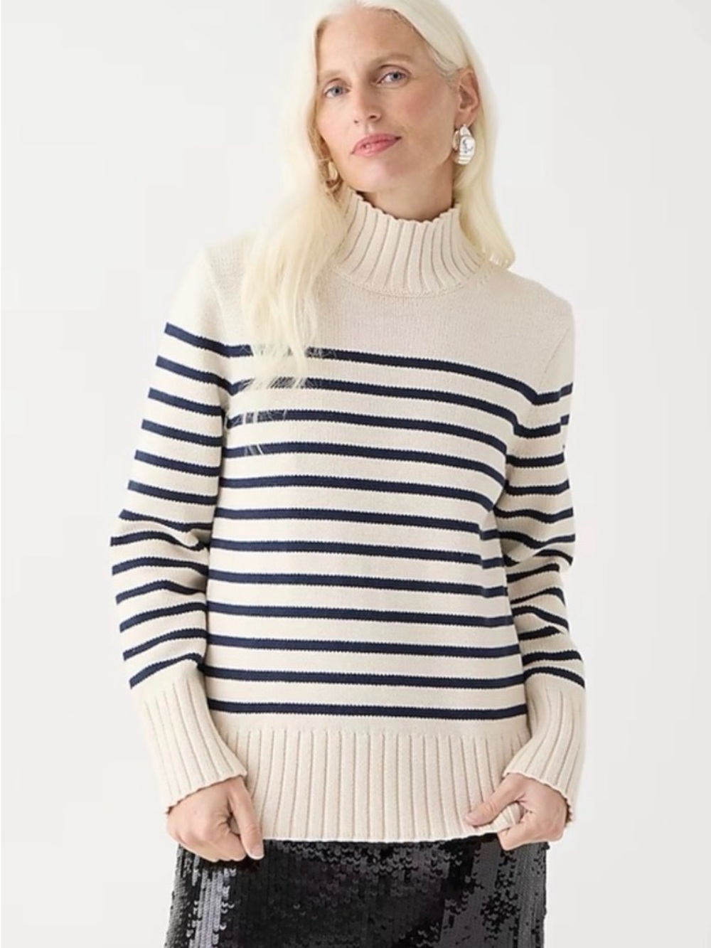 J. Crew Cream and Navy Striped Turtleneck 100% Cotton Sweater